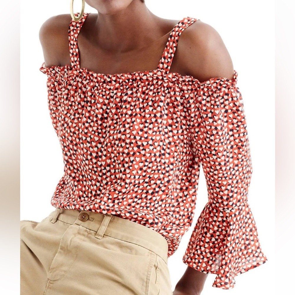 J Crew 100% Silk Cold-Shoulder Heart Patterned Top